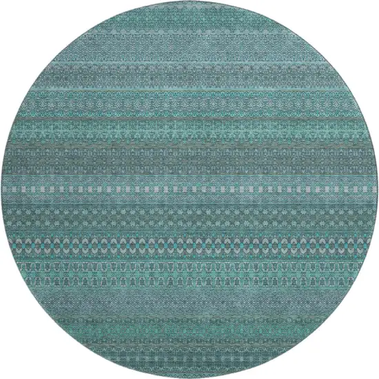 8' Turquoise And Ivory Striped Washable Round Rug With UV Protection Photo 1