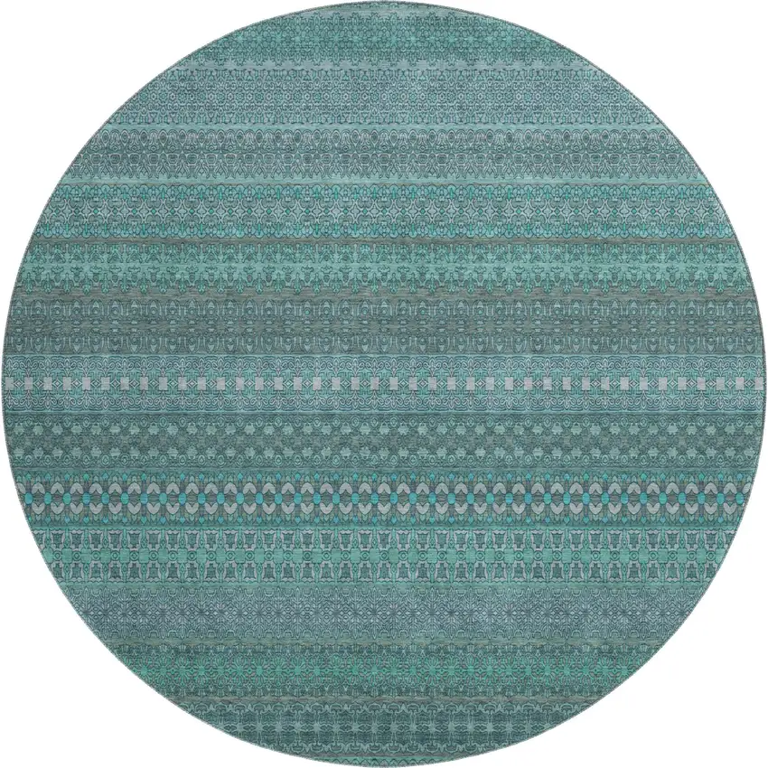 8' Turquoise And Ivory Striped Washable Round Rug With UV Protection Photo 1