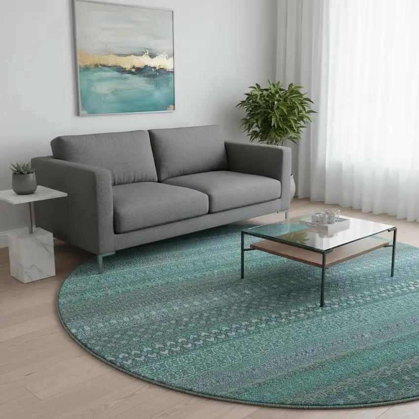 8' Turquoise And Ivory Striped Washable Round Rug With UV Protection Photo 2