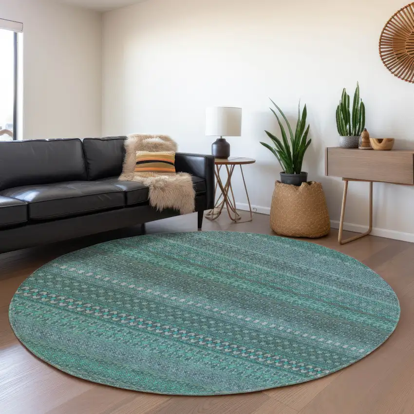 8' Turquoise And Ivory Striped Washable Round Rug With UV Protection Photo 5