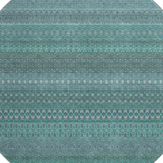 8' Turquoise And Ivory Striped Washable Round Rug With UV Protection Photo 3