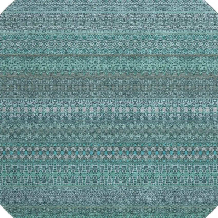 8' Turquoise And Ivory Striped Washable Round Rug With UV Protection Photo 3