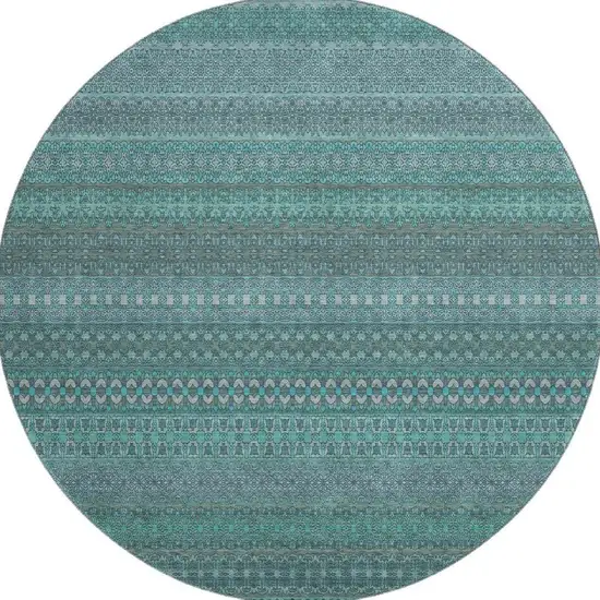 8' Turquoise And Ivory Striped Washable Round Rug With UV Protection Photo 4