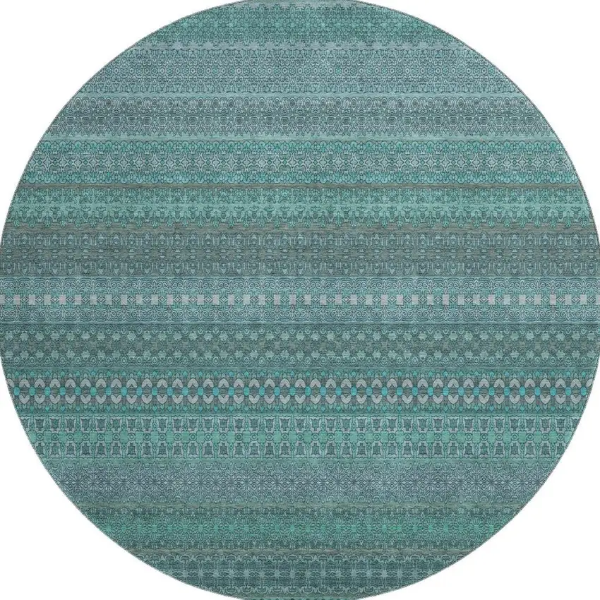 8' Turquoise And Ivory Striped Washable Round Rug With UV Protection Photo 4