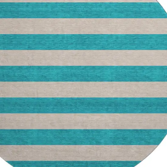 8' Turquoise And Ivory Striped Washable Round Rug With UV Protection Photo 3