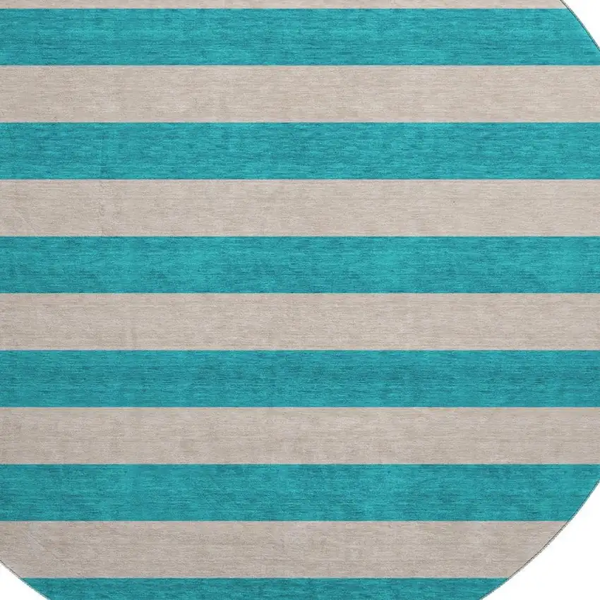 8' Turquoise And Ivory Striped Washable Round Rug With UV Protection Photo 3