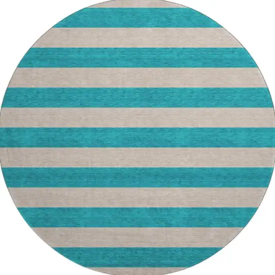 8' Turquoise And Ivory Striped Washable Round Rug With UV Protection Photo 4