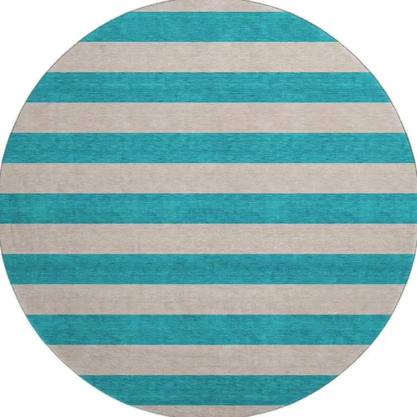 8' Turquoise And Ivory Striped Washable Round Rug With UV Protection Photo 4