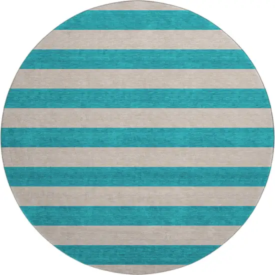 8' Turquoise And Ivory Striped Washable Round Rug With UV Protection Photo 1