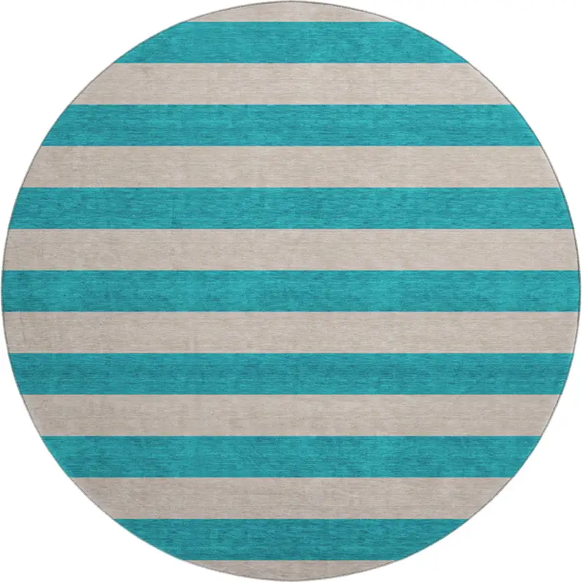 8' Turquoise And Ivory Striped Washable Round Rug With UV Protection Photo 1