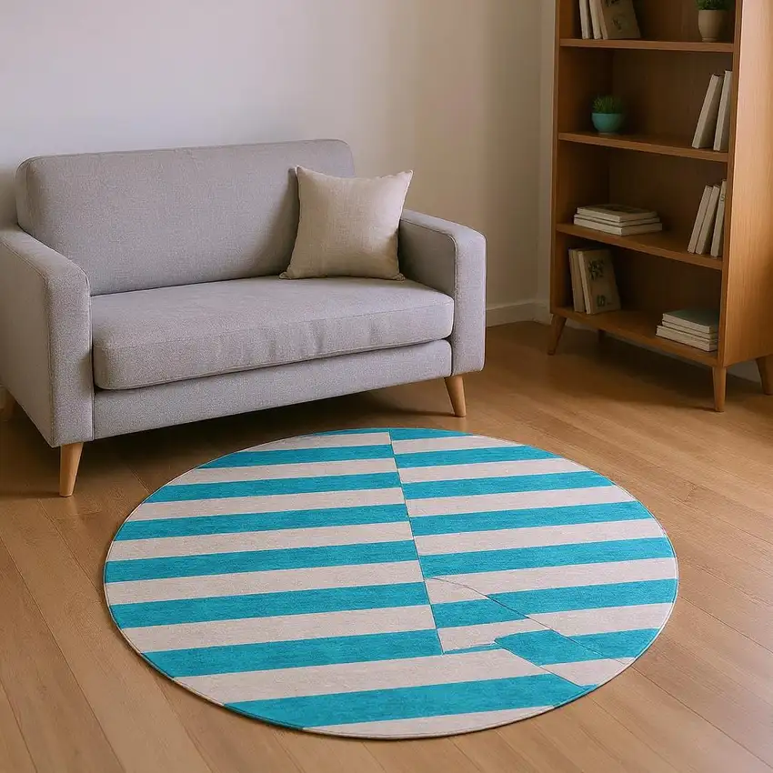 8' Turquoise And Ivory Striped Washable Round Rug With UV Protection Photo 2