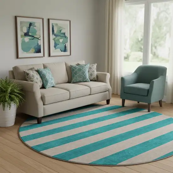 8' Turquoise And Ivory Striped Washable Round Rug With UV Protection Photo 1