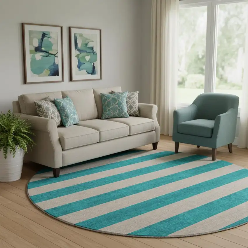 8' Turquoise And Ivory Striped Washable Round Rug With UV Protection Photo 1