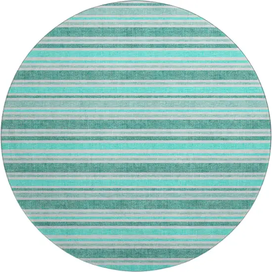 8' Turquoise And Ivory Striped Washable Round Rug With UV Protection Photo 1