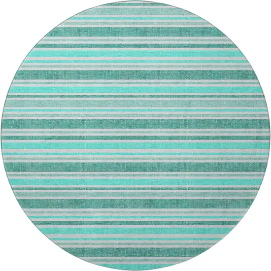 8' Turquoise And Ivory Striped Washable Round Rug With UV Protection Photo 4