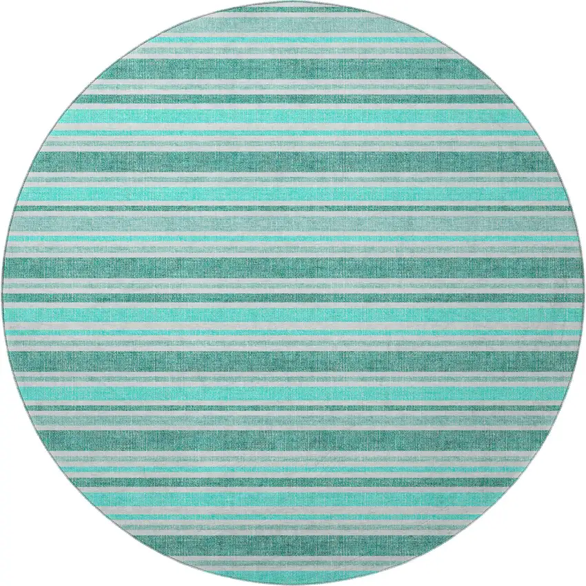 8' Turquoise And Ivory Striped Washable Round Rug With UV Protection Photo 4