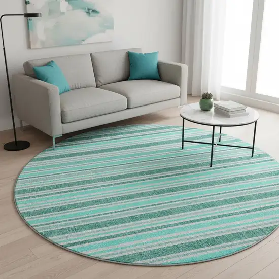 8' Turquoise And Ivory Striped Washable Round Rug With UV Protection Photo 2