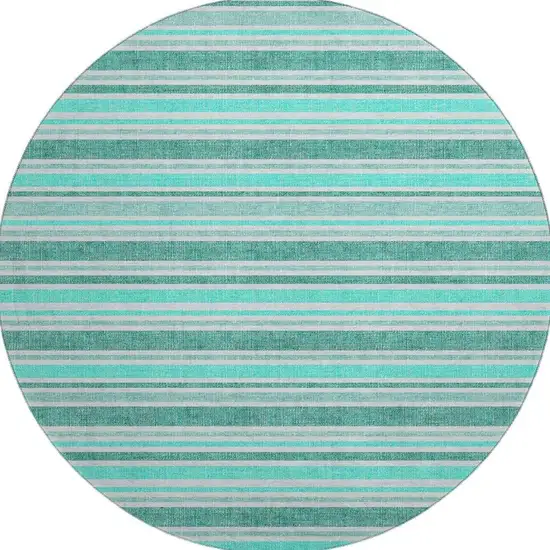 8' Turquoise And Ivory Striped Washable Round Rug With UV Protection Photo 3