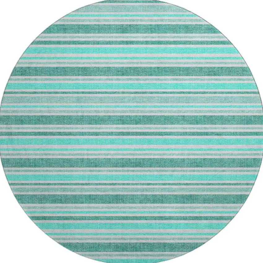 8' Turquoise And Ivory Striped Washable Round Rug With UV Protection Photo 3