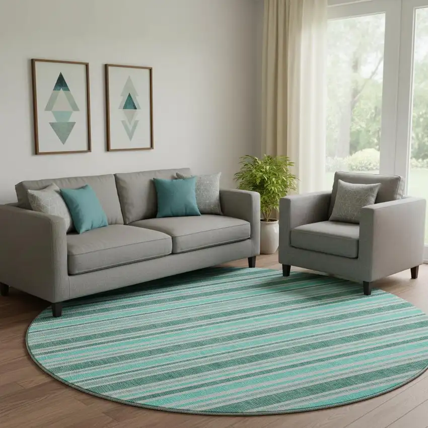 8' Turquoise And Ivory Striped Washable Round Rug With UV Protection Photo 1
