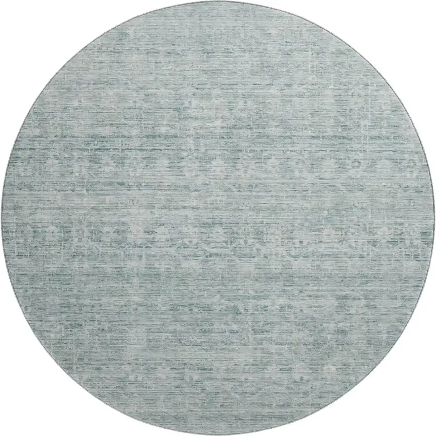 8' Turquoise And Ivory Striped Washable Round Rug With UV Protection Photo 1