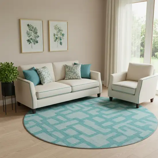 8' Turquoise And Sky Blue Abstract Washable Round Rug With UV Protection Photo 1