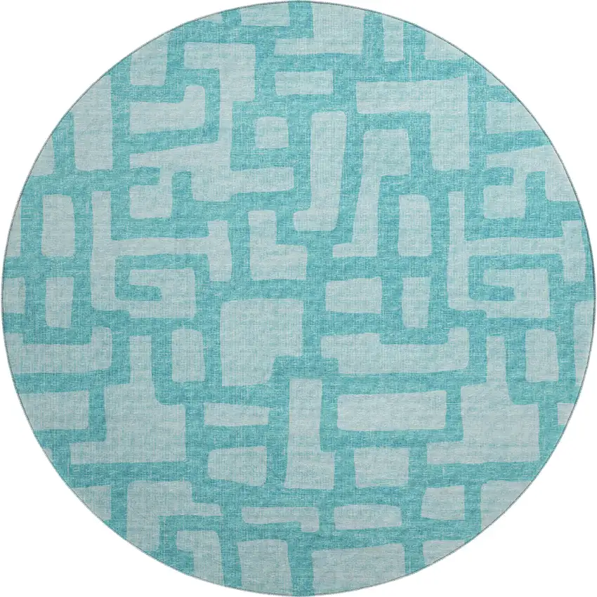 8' Turquoise And Sky Blue Abstract Washable Round Rug With UV Protection Photo 2