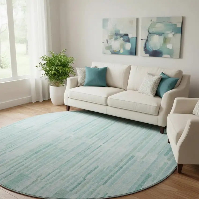 8' Turquoise And Sky Blue Striped Washable Round Rug With UV Protection Photo 2