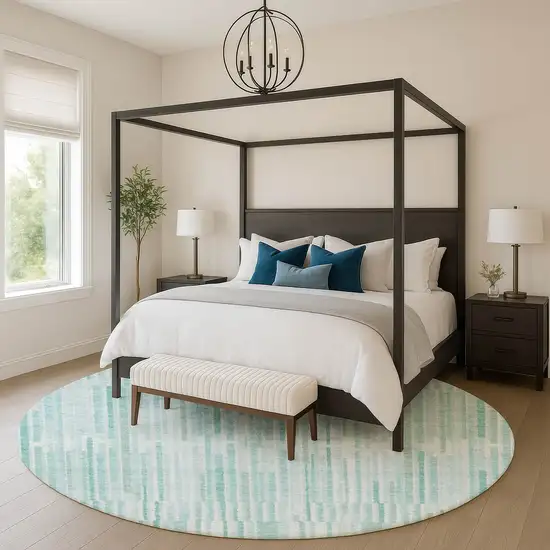8' Turquoise And Sky Blue Striped Washable Round Rug With UV Protection Photo 5