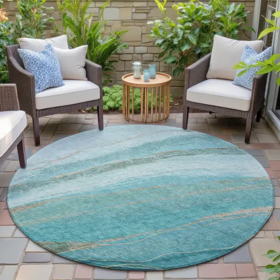 8' Turquoise And Taupe Round Abstract Washable Indoor Outdoor Area Rug Photo 5