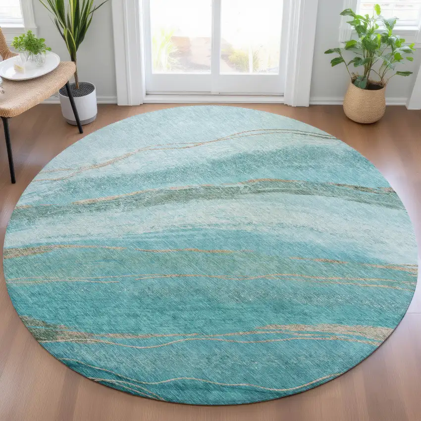 8' Turquoise And Taupe Round Abstract Washable Indoor Outdoor Area Rug Photo 6