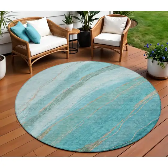 8' Turquoise And Taupe Round Abstract Washable Indoor Outdoor Area Rug Photo 2