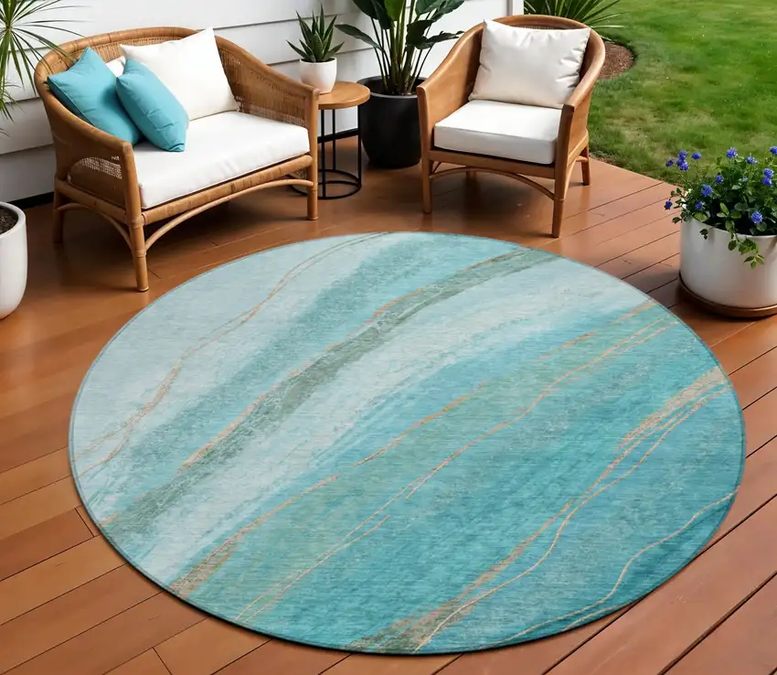 8' Turquoise And Taupe Round Abstract Washable Indoor Outdoor Area Rug Photo 2