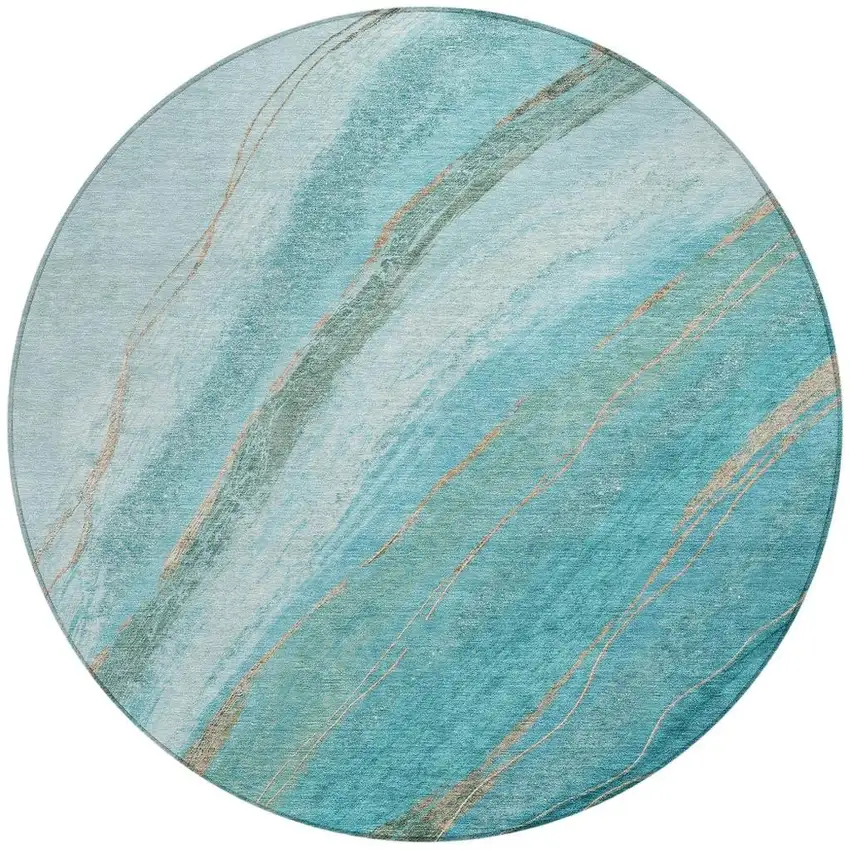 8' Turquoise And Taupe Round Abstract Washable Indoor Outdoor Area Rug Photo 3