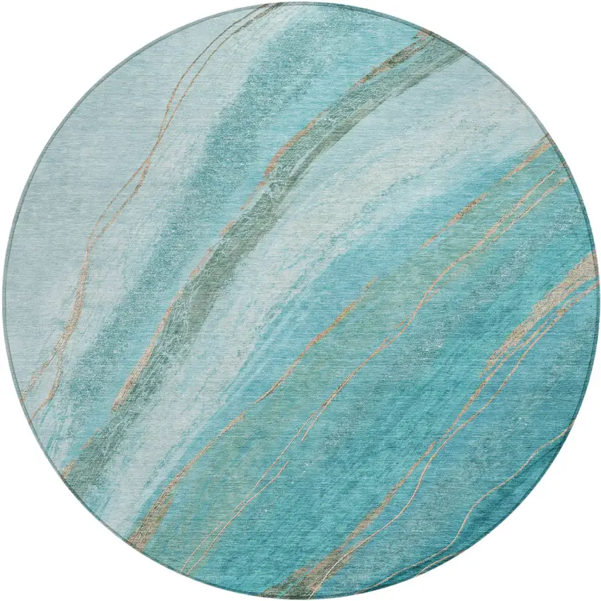 8' Turquoise And Taupe Round Abstract Washable Indoor Outdoor Area Rug Photo 1