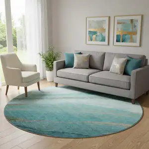 Photo of 8' Turquoise And Teal Abstract Washable Round Rug With UV Protection