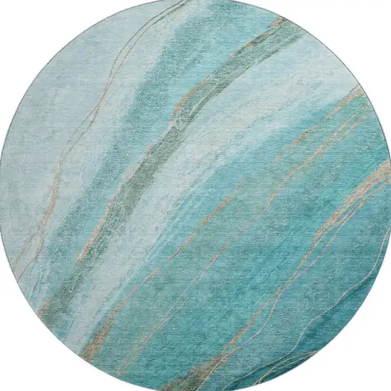 8' Turquoise And Teal Abstract Washable Round Rug With UV Protection Photo 3
