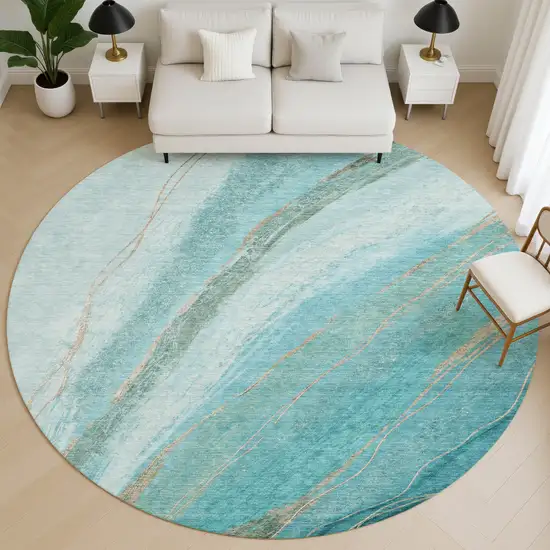 8' Turquoise And Teal Abstract Washable Round Rug With UV Protection Photo 4