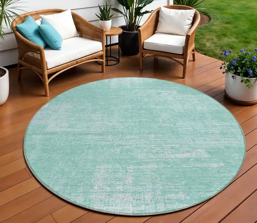 8' Turquoise And Teal Blue Round Abstract Washable Indoor Outdoor Area Rug Photo 1
