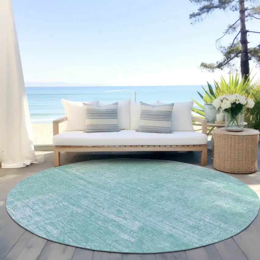8' Turquoise And Teal Blue Round Abstract Washable Indoor Outdoor Area Rug Photo 6