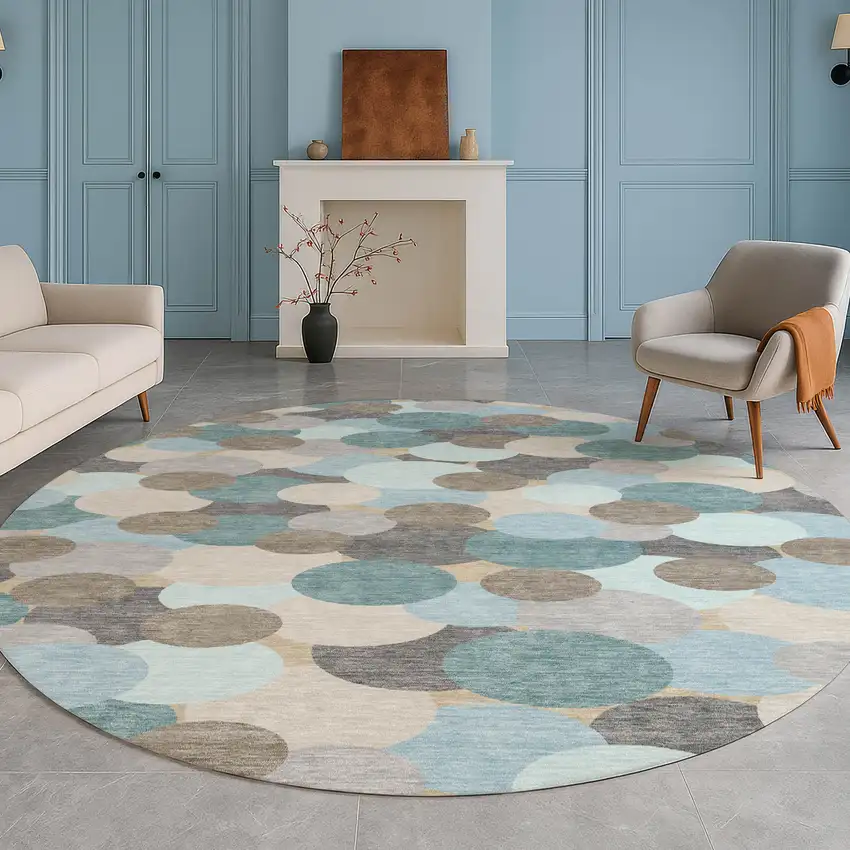 8' Turquoise And Teal Blue Round Geometric Washable Indoor Outdoor Area Rug Photo 5