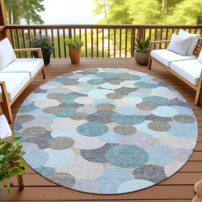 8' Turquoise And Teal Blue Round Geometric Washable Indoor Outdoor Area Rug Photo 4