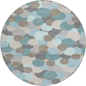 Photo of 8' Turquoise And Teal Blue Round Geometric Washable Indoor Outdoor Area Rug
