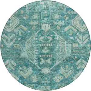 Photo of 8' Turquoise And Teal Blue Round Medallion Washable Indoor Outdoor Area Rug