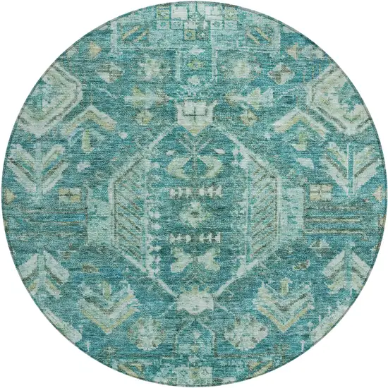 8' Turquoise And Teal Blue Round Medallion Washable Indoor Outdoor Area Rug Photo 1