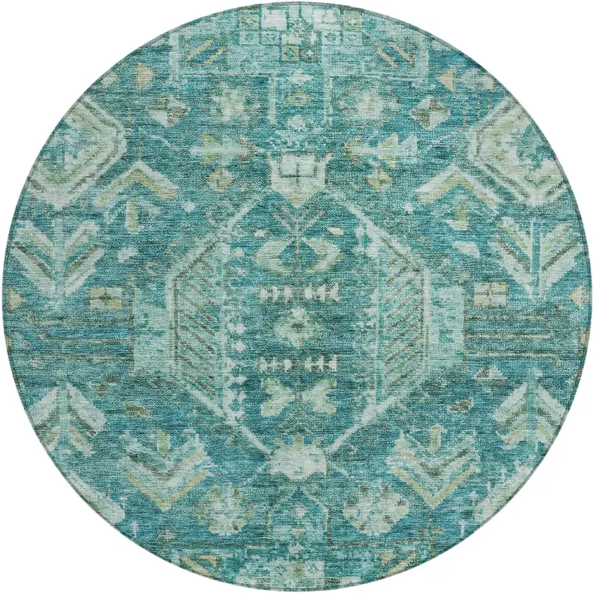 8' Turquoise And Teal Blue Round Medallion Washable Indoor Outdoor Area Rug Photo 1
