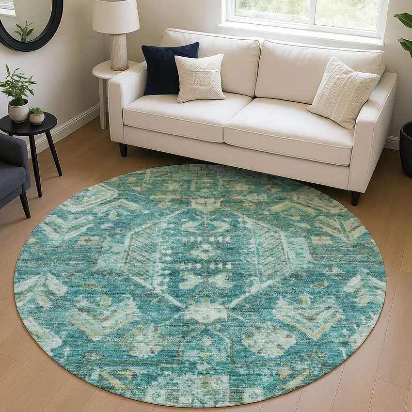 8' Turquoise And Teal Blue Round Medallion Washable Indoor Outdoor Area Rug Photo 5