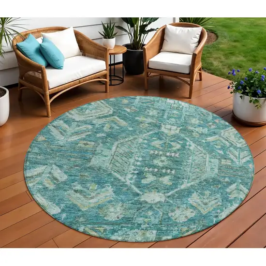 8' Turquoise And Teal Blue Round Medallion Washable Indoor Outdoor Area Rug Photo 1