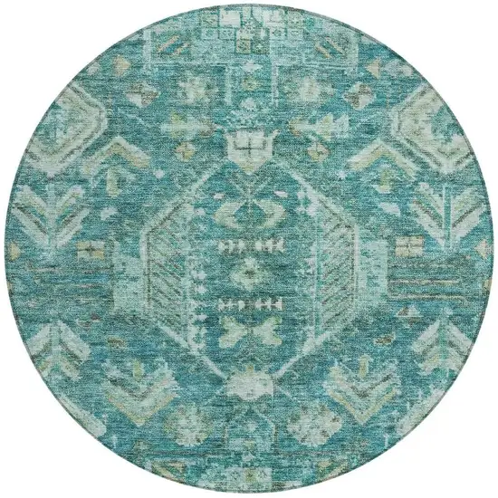 8' Turquoise And Teal Blue Round Medallion Washable Indoor Outdoor Area Rug Photo 3