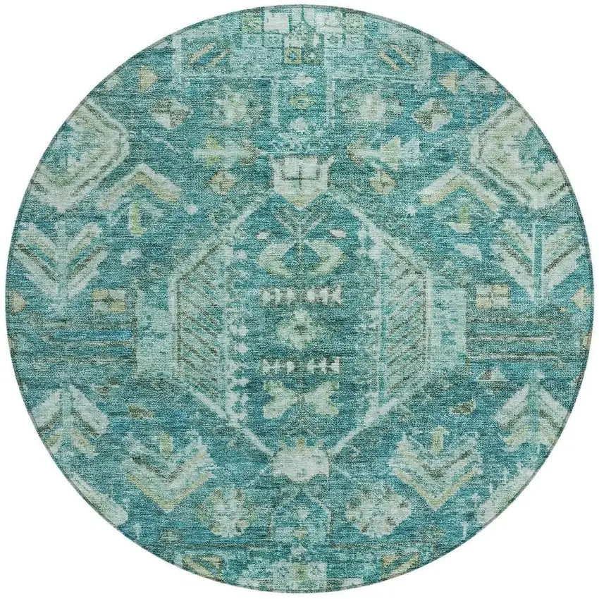 8' Turquoise And Teal Blue Round Medallion Washable Indoor Outdoor Area Rug Photo 3